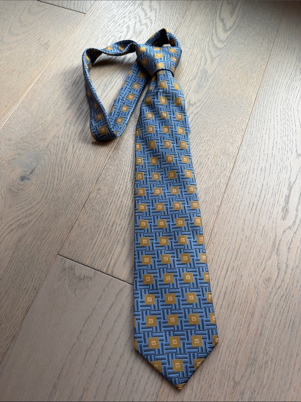 PLATINUM Men's Blue Tie with Gold Square Motif